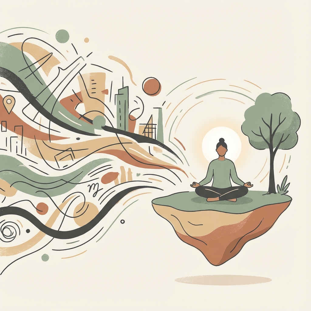 Ilustração minimalista sobre meditar no meio da rotina agitada